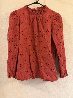Eyelet Long-Sleeve Blouse — Brick Red